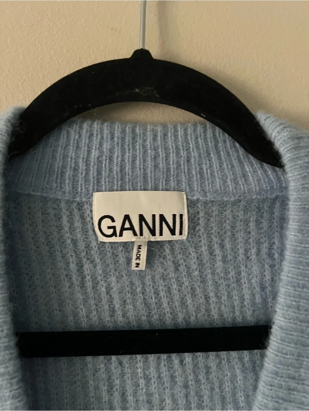 GANNI Soft Wool Alpaca Crystal Button Cropped Cardigan XS Blue